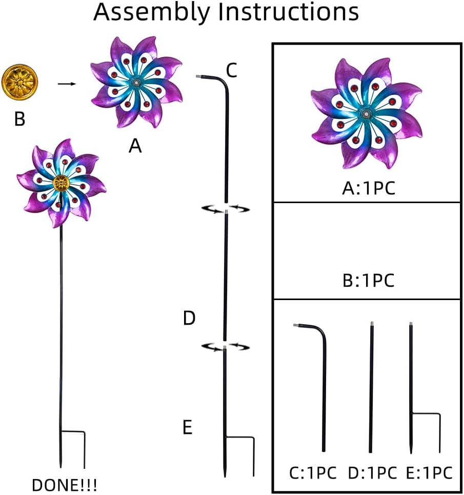 Wind Spinners Outdoor, 9.6" Dia*40" H Metal Garden Pinwheels, Kinetic Wind Spinners for Yard and Garden Lawn Art Decor (Purple)