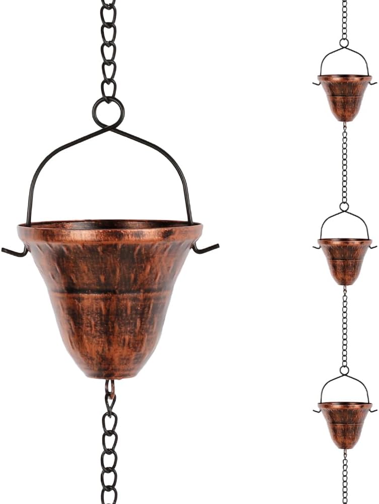 Copper Rain Chains for Outside, 10.43FT with 12 Cups Rain Catcher Chains for Downspout Gutters, Eaves Drainage