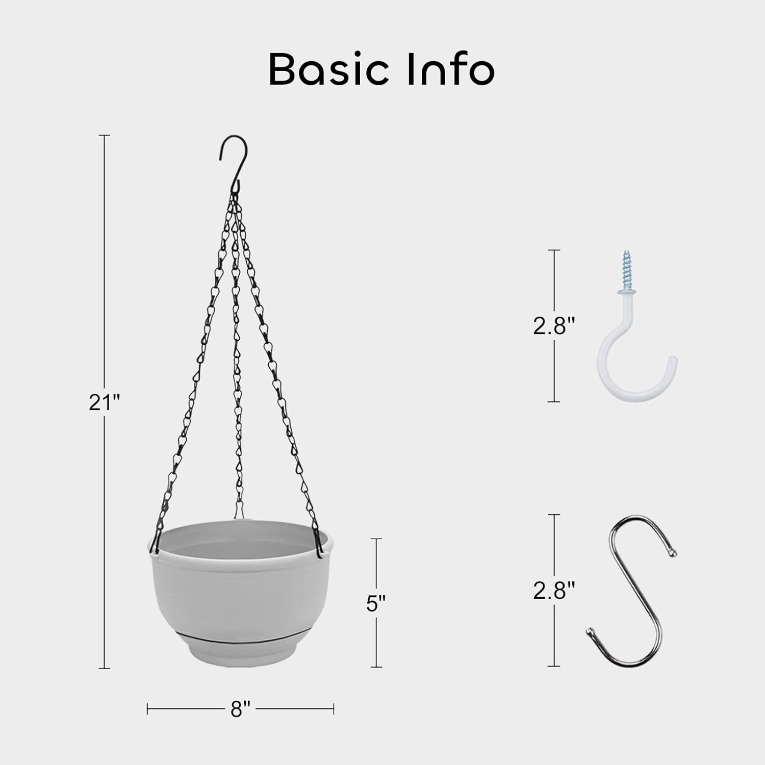 Plastic Hanging Planter 2 Packs 8 Inch Self Watering Pots Plants Hanger Baskets with 6 Pcs Hooks, Hanging Flower Pot with Detachable Base for Garden Indoor Outdoor (Grey)