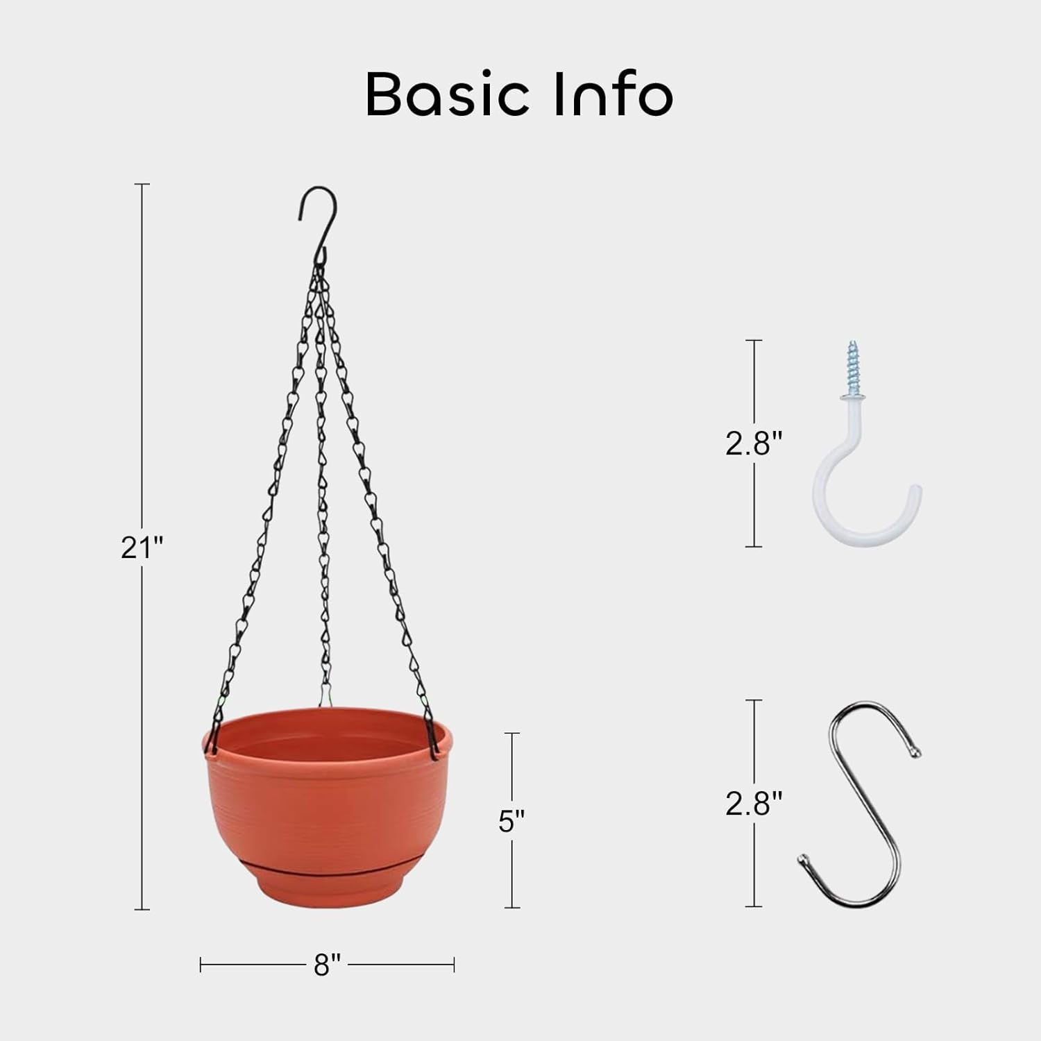 2 Packs 8 Inch Plastic Hanging Planter Self Watering Basket with 6 Pcs Hooks, Indoor Outdoor Hanging Plants Flower Pot Detachable Base for Garden Home Decoration (Terracotta Color)