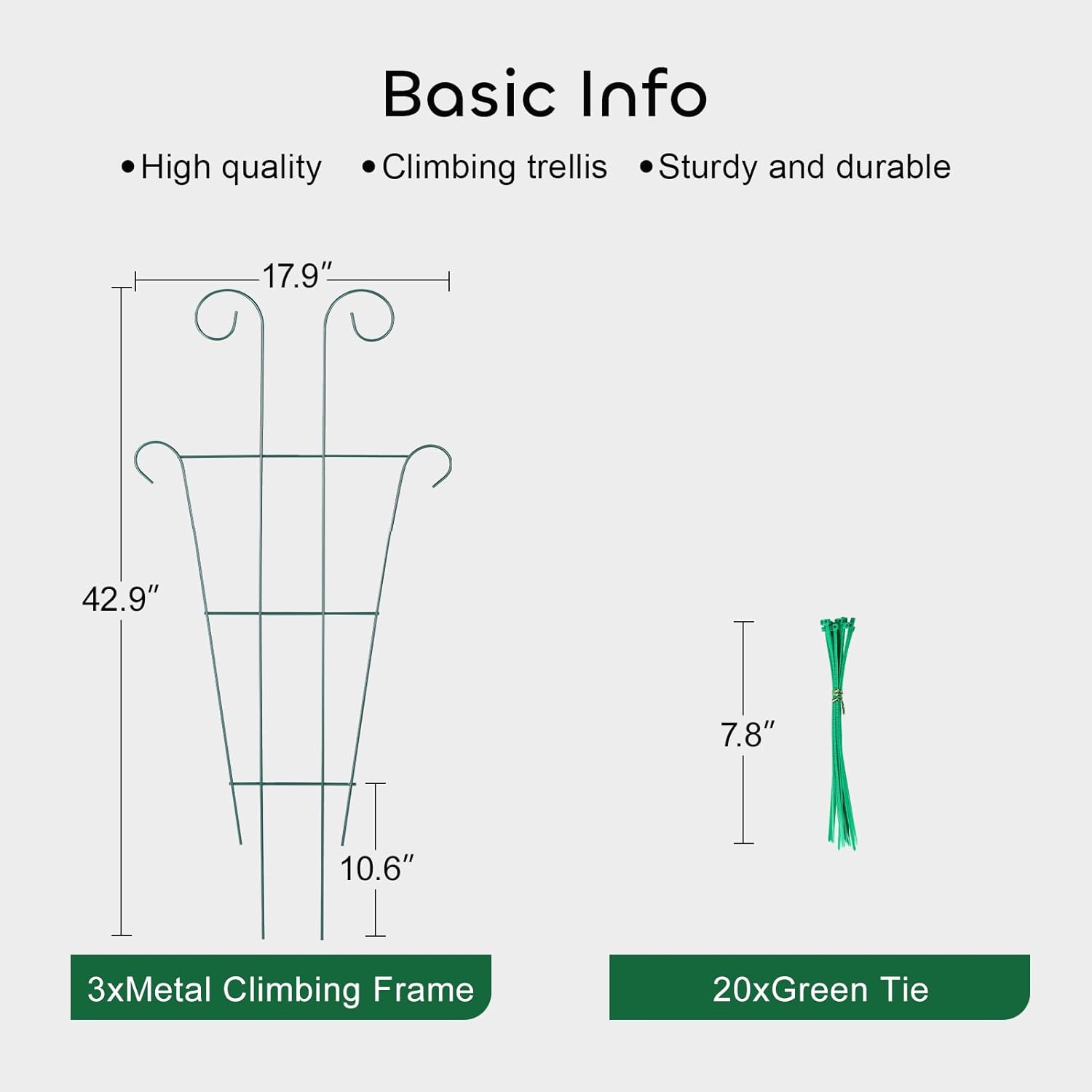 Garden Trellis 3 Pcs 43" for Potted Plants, Metal Trellis for Climbing Plants Outdoor & Indoor, Wave Shape Plant Support with 20 Pcs Cable Ties for Houseplant Flower Vines Ivy