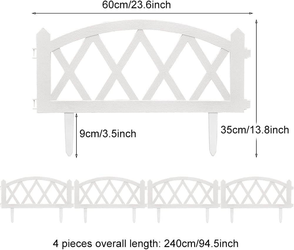 Plastic Garden Picket Fence, Grass Lawn Flower Beds Landscaping Edging Borders, Lightweight Outdoor Path Fence Panels, Pack of 4 (Overall Length 94.5 Inch)