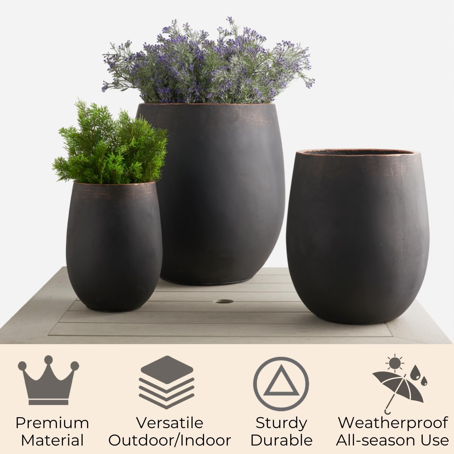 17.7"+13.3"+9.5" Dia Round Concrete Planter Set of 3, Large Outdoor Planter, Black with Gold Rim, Flower Pots with Drainage Holes