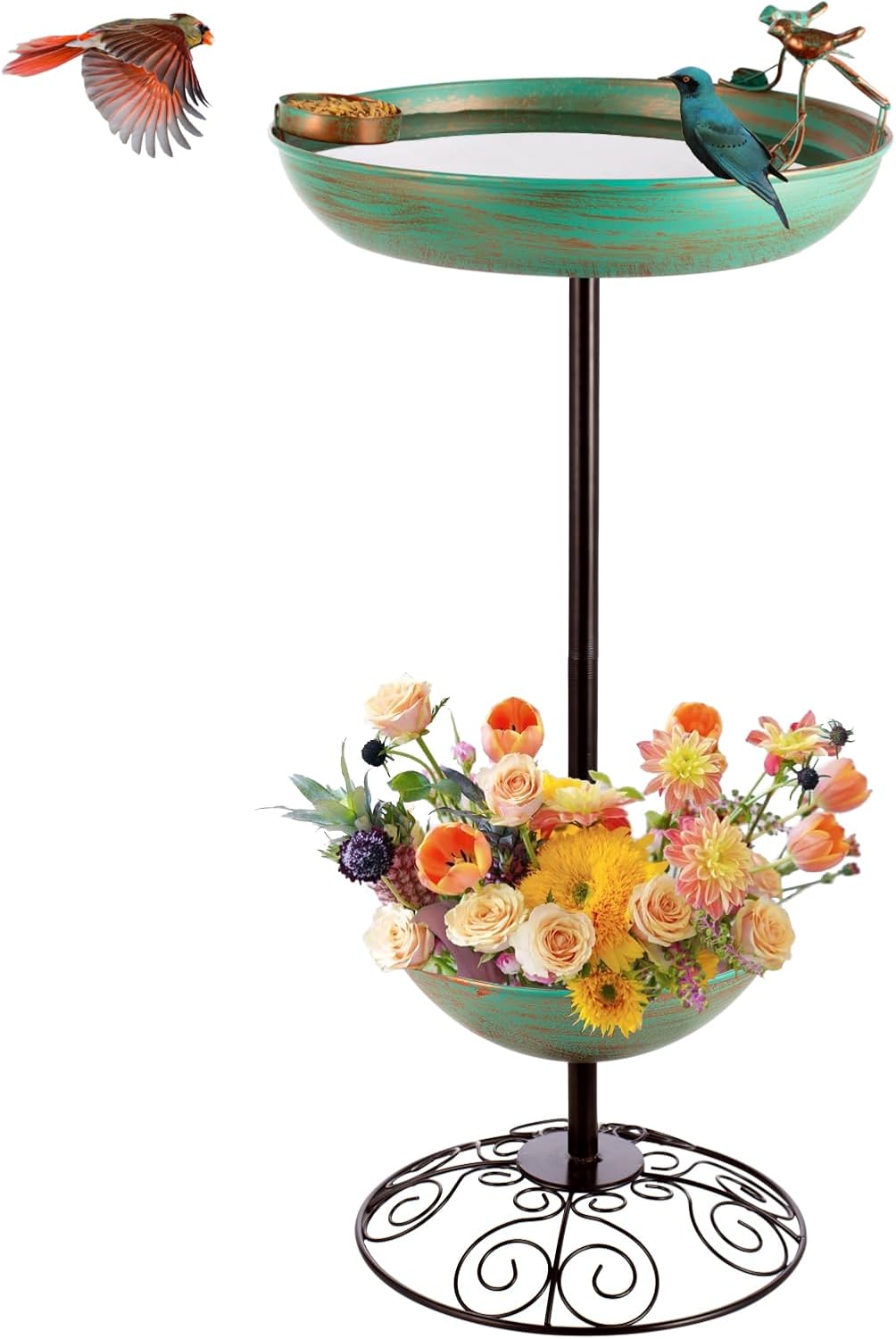 Metal Bird Baths for Outdoors, Pedestal Green Bird Bath with Flower Planter, BirdBaths for Outdoors Garden Yard Patio Decor