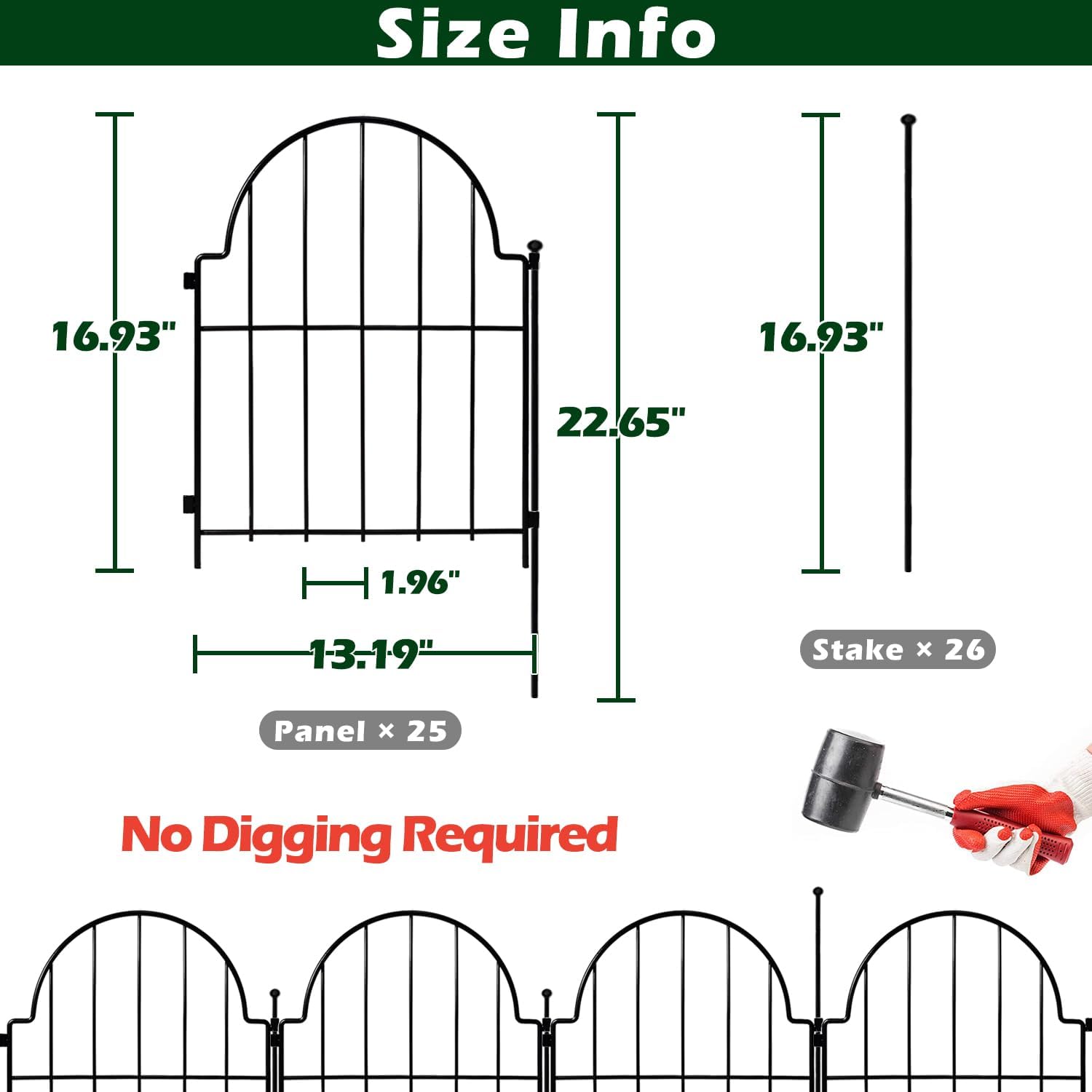 Decorative Garden Fence, 25 Pack No Dig Fencing 27.5ft(L) × 22in(H) Animal Barrier Border for Dog Rabbit Pet