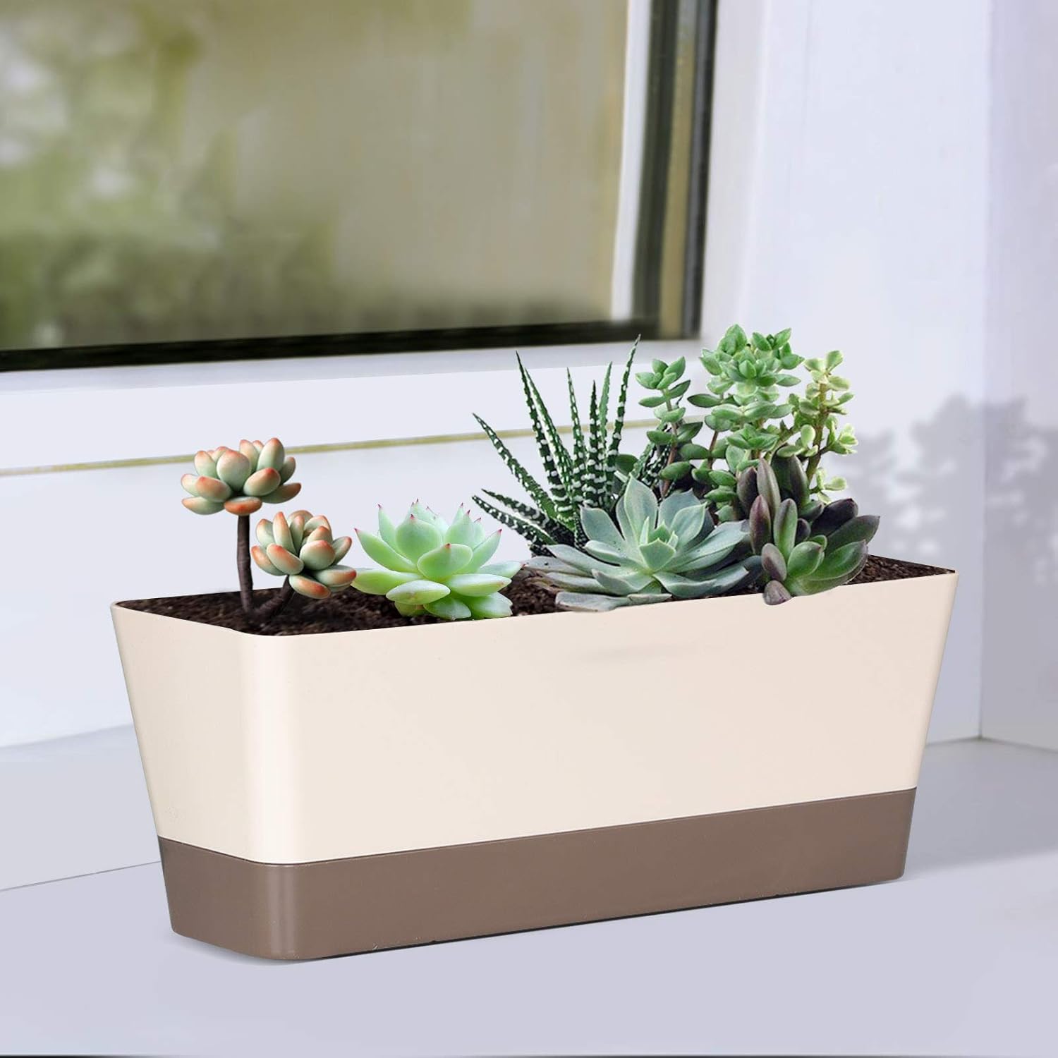 3 Packs 12 Inches Window Boxes Rectangle Planter Long Pots with 15 Pcs Plant Labels Plastic Flower Plant with Saucer for Windowsill Garden Balcony Home Indoor Outdoor (Beige)