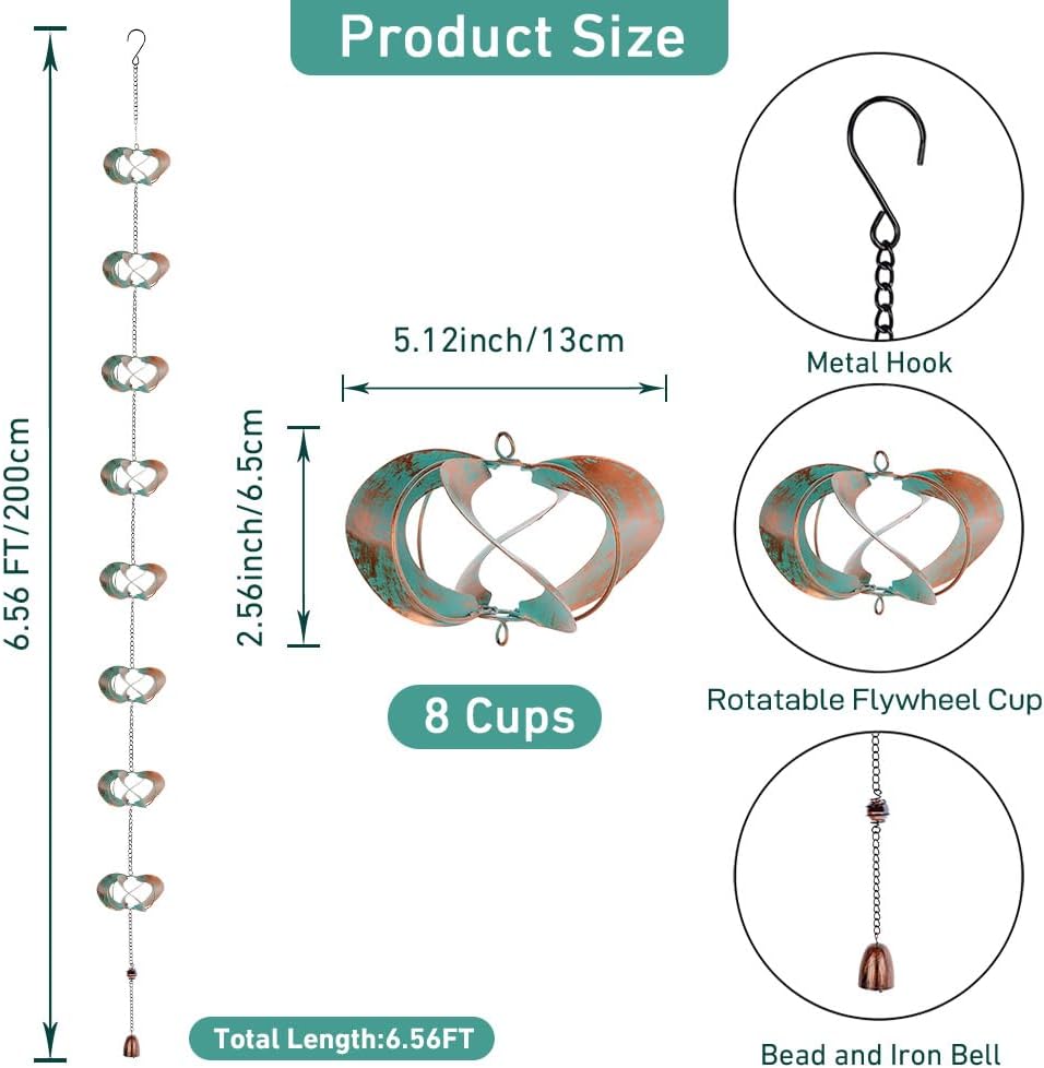 Rain Chains for Outside, 6.56 FT Length with 8 Spinners, Decorative Rain Chains for Gutters, Replacement for Downspout