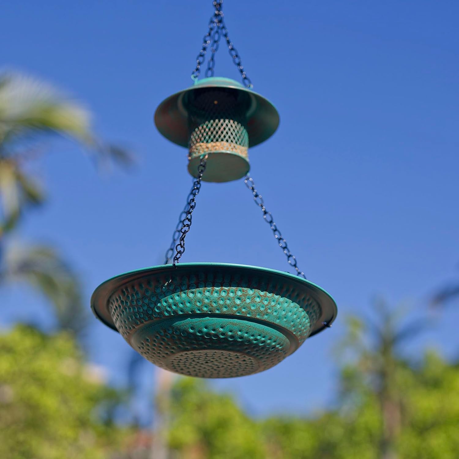 Hanging Bird Bath with Solar Lights, 13" Metal Bird Baths Outdoor, Garden Birdbath and Feeder for Outside Yard Patio Decor (Green)