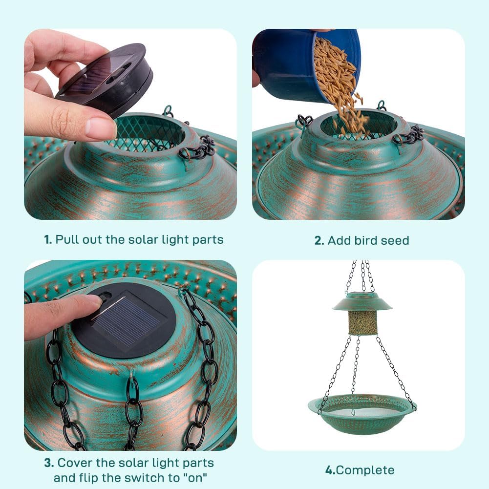 Hanging Bird Bath with Solar Lights, 13" Metal Bird Baths Outdoor, Garden Birdbath and Feeder for Outside Yard Patio Decor (Green)