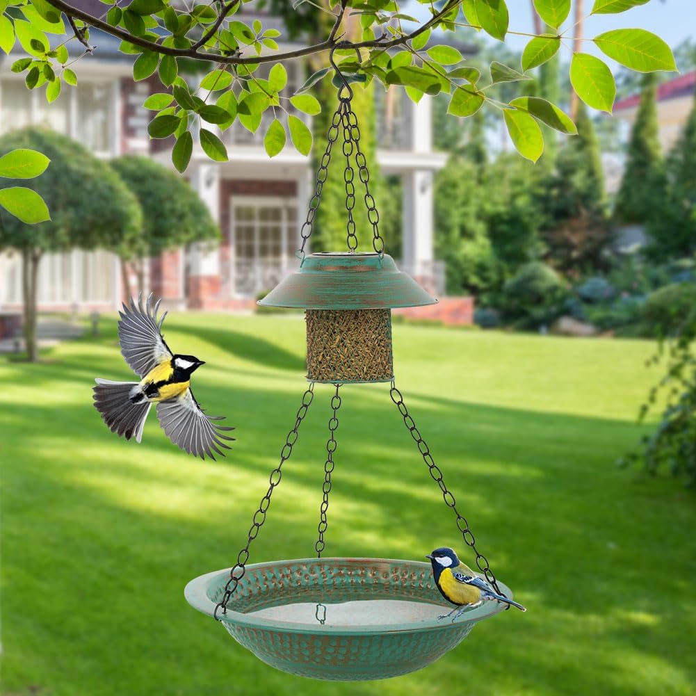 Hanging Bird Bath with Solar Lights, 13" Metal Bird Baths Outdoor, Garden Birdbath and Feeder for Outside Yard Patio Decor (Green)