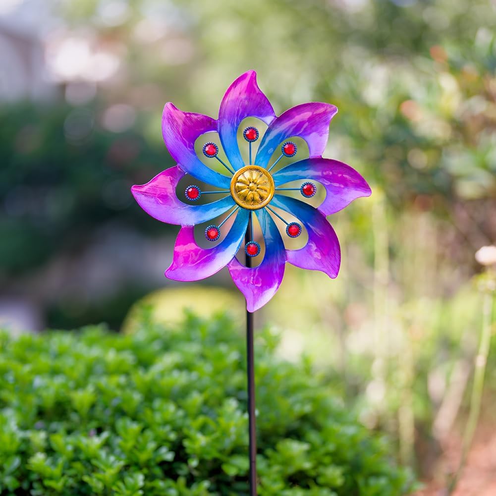 Wind Spinners Outdoor, 9.6" Dia*40" H Metal Garden Pinwheels, Kinetic Wind Spinners for Yard and Garden Lawn Art Decor (Purple)