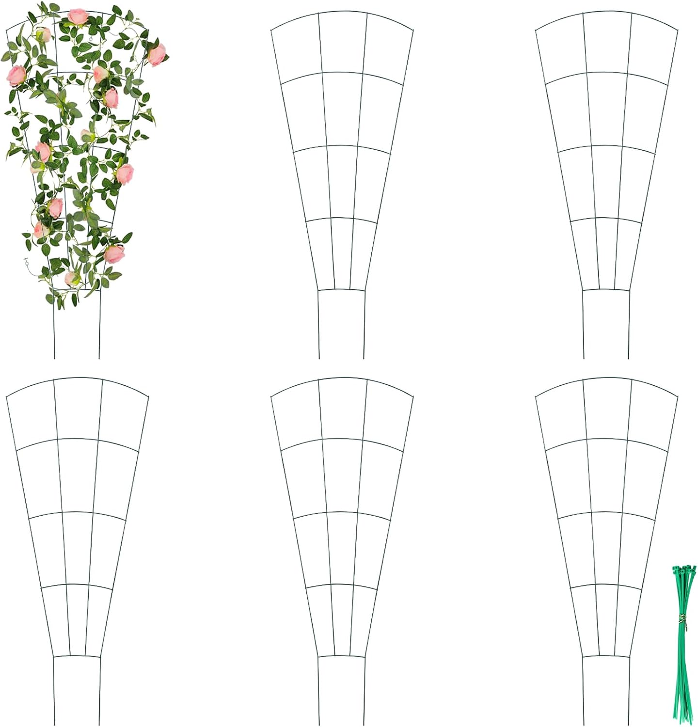 6 Pcs 43" Garden Trellis for Potted Plants, Metal Trellis for Climbing Plants Outdoor & Indoor, Fan Shape Plant Support with 20 Pcs Cable Ties for Houseplant Flower Vines Ivy, Green