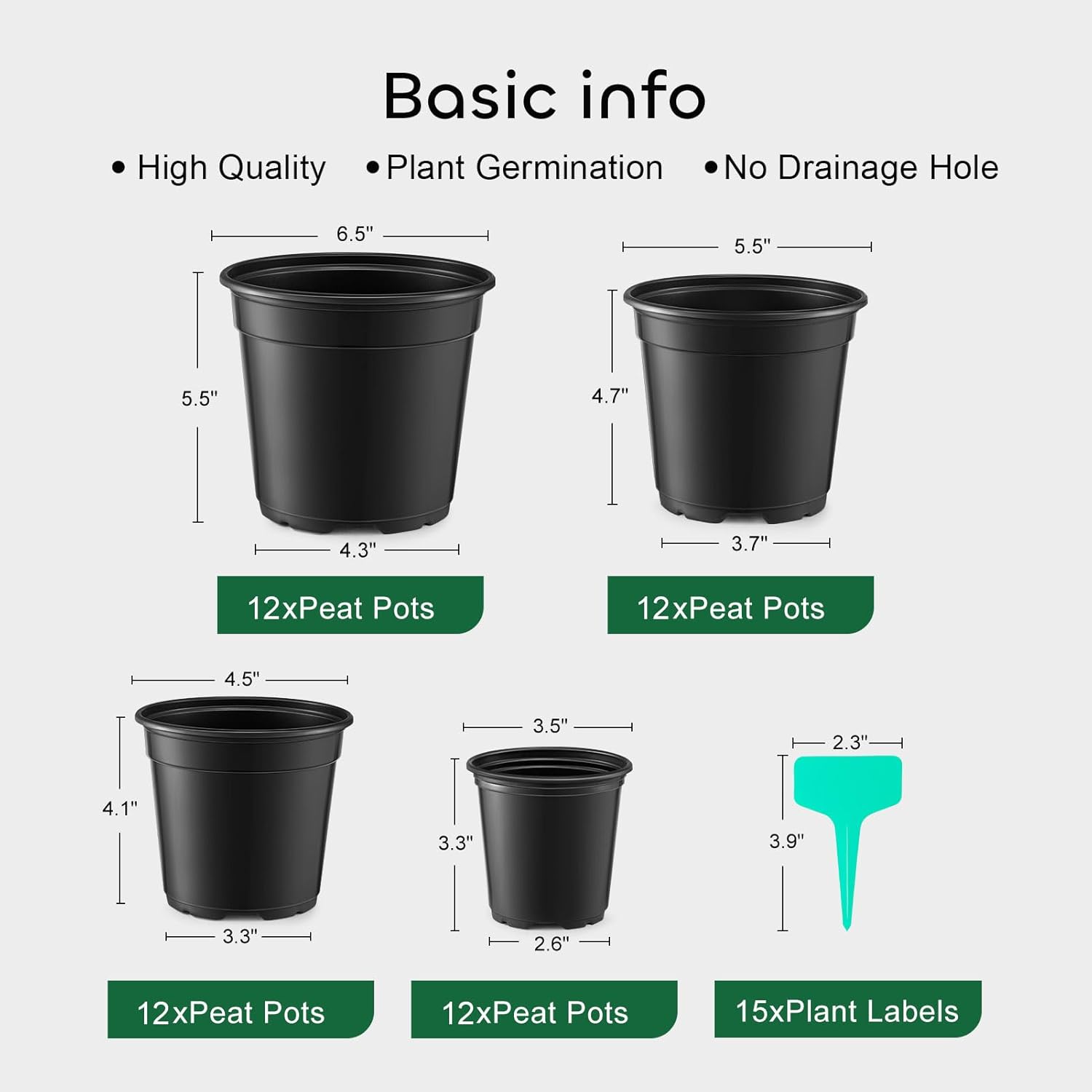 Nursery Pots with Drainage Holes Pack of 48 Pots 3.5/4.5/5.5/6.5 Inch and Plant Label Flexible Seedling Pots Seed Starting Planter for Indoor Outdoor Flowers, Succulents, Cactus