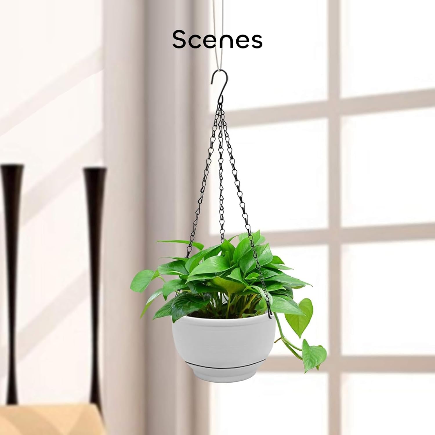 Plastic Hanging Planter 2 Packs 8 Inch Self Watering Pots Plants Hanger Baskets with 6 Pcs Hooks, Hanging Flower Pot with Detachable Base for Garden Indoor Outdoor (Grey)