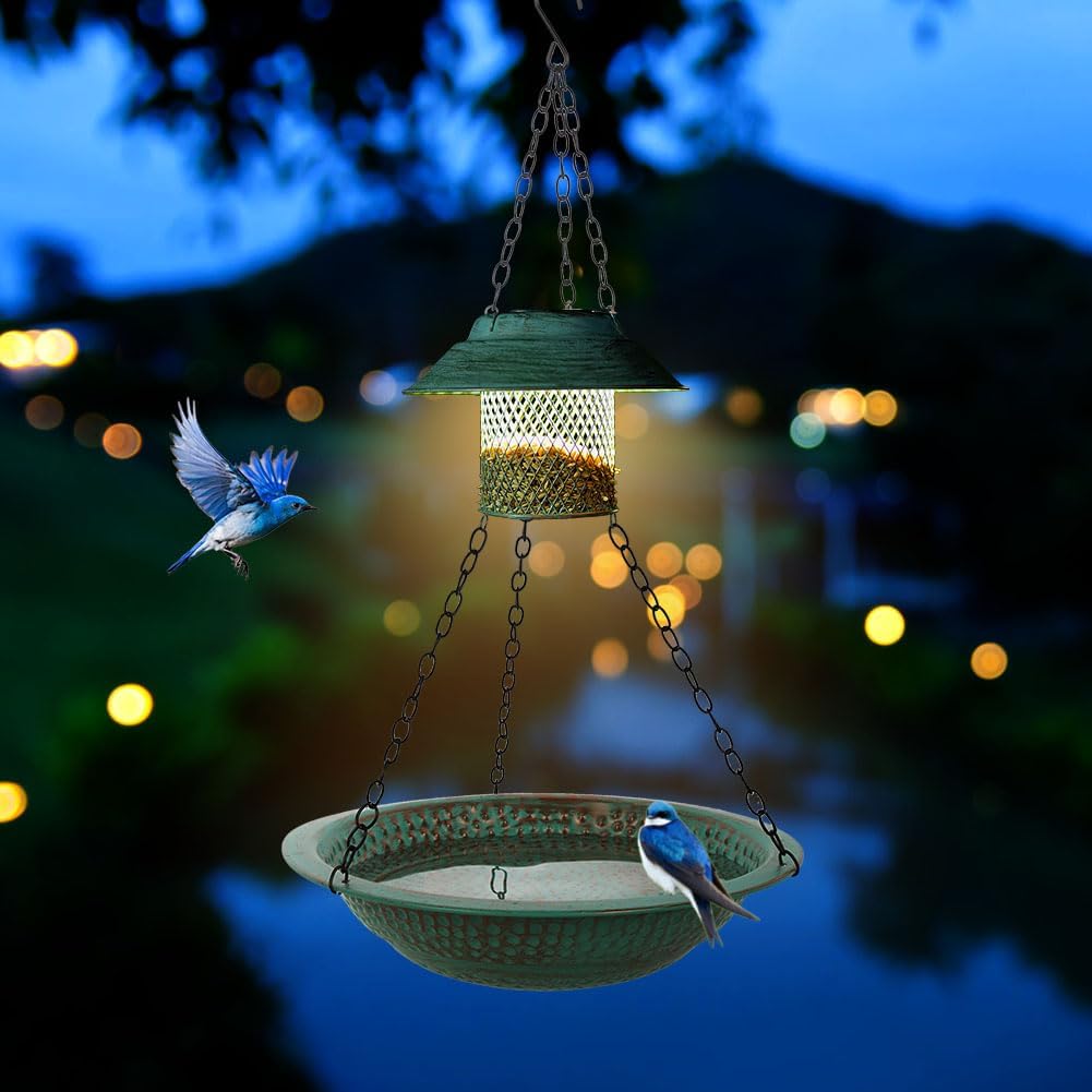 Hanging Bird Bath with Solar Lights, 13" Metal Bird Baths Outdoor, Garden Birdbath and Feeder for Outside Yard Patio Decor (Green)