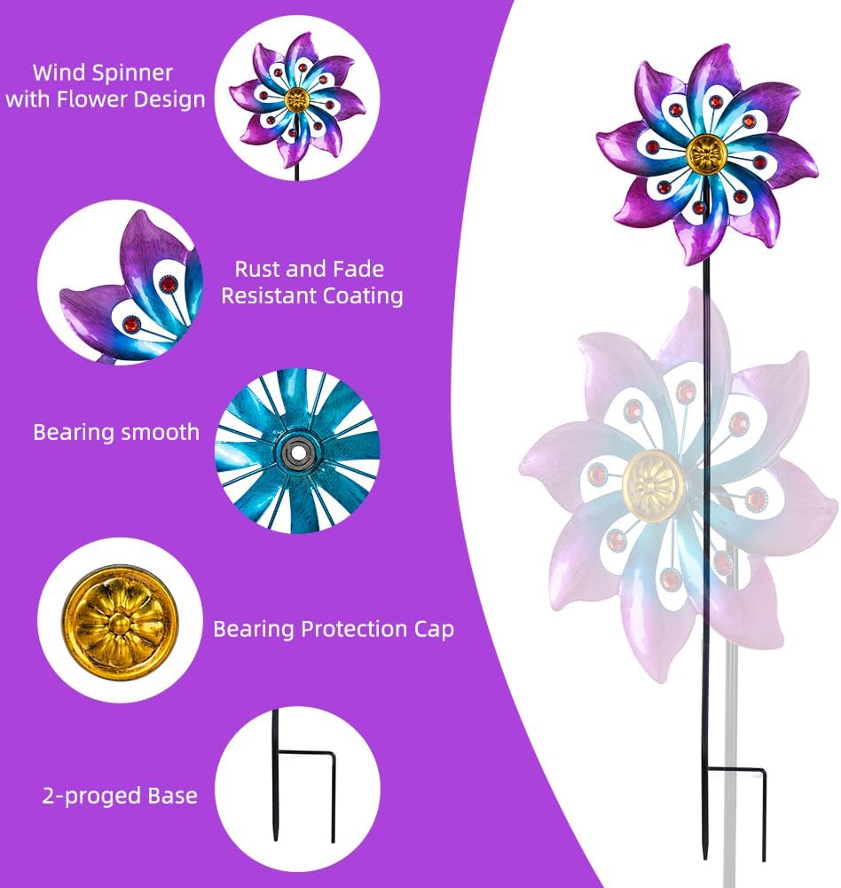 Wind Spinners Outdoor, 9.6" Dia*40" H Metal Garden Pinwheels, Kinetic Wind Spinners for Yard and Garden Lawn Art Decor (Purple)