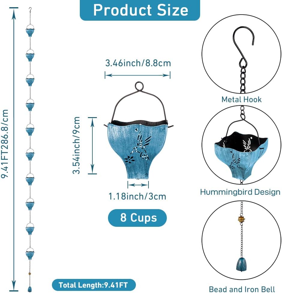 Rain Chains for Outside, 9.41FT with 8 Hollow Hummingbird Pattern Cups Rain Catcher Chains, Outdoor Rain Gutter Chains for Downspout, Eaves Drainage