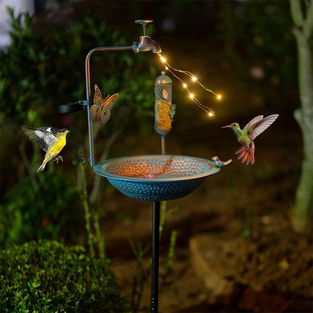 Bird Bath for Outside, 3" Deep Bird Bath and Feeder Combo, Tall Metal Standing Bird Baths, Antique Blue Faucet Solar String Light Birdbaths for Outdoors Garden Yard Lawn Decorations