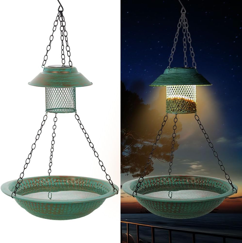 Hanging Bird Bath with Solar Lights, 13" Metal Bird Baths Outdoor, Garden Birdbath and Feeder for Outside Yard Patio Decor (Green)