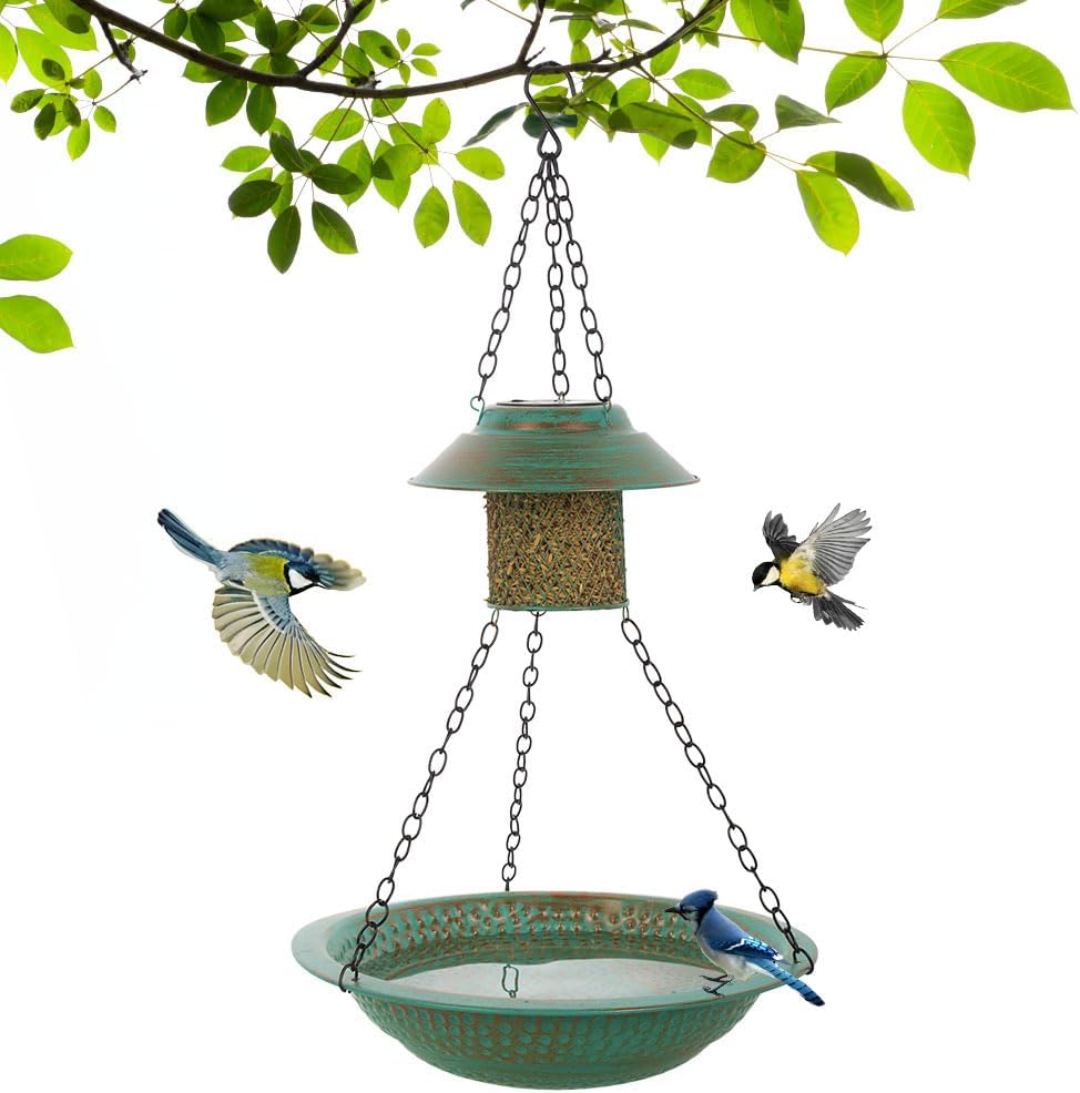 Hanging Bird Bath with Solar Lights, 13" Metal Bird Baths Outdoor, Garden Birdbath and Feeder for Outside Yard Patio Decor (Green)
