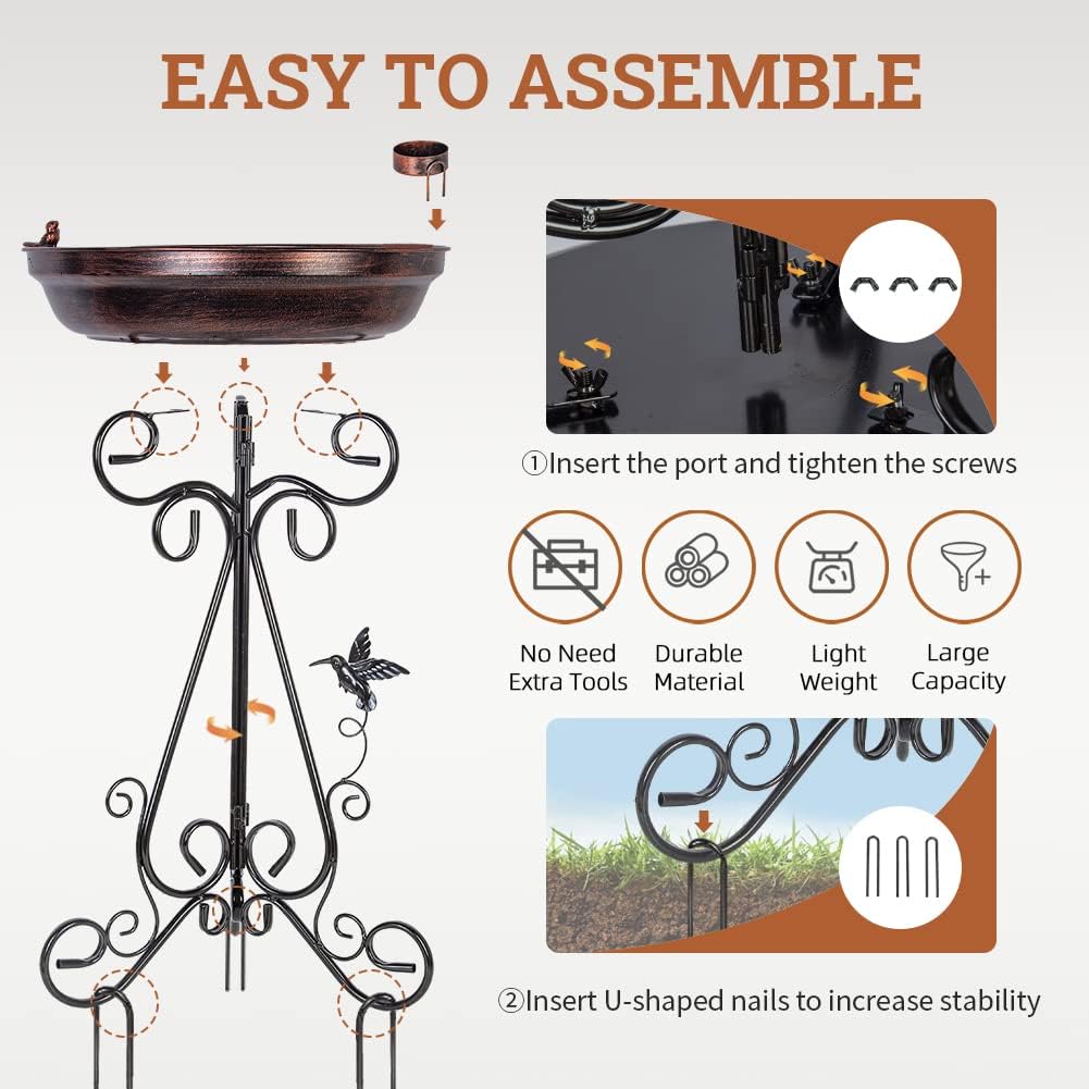 17.7" Dia Bird Bath with Metal Pedestal, Large Outdoor Metal Birdbath, Antique Copper Bird Feeder for Garden Patio Yard Decor