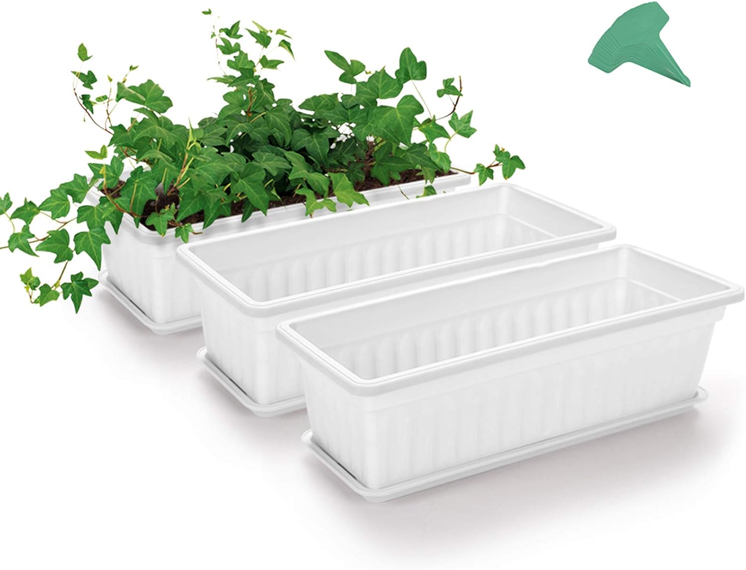 3 Packs 17 Inches White Flower Window Box Plastic Vegetable Planters Long Pots with 15 Pcs Plant Labels for Outdoor Indoor Windowsill, Patio, Garden, Home Decor, Porch