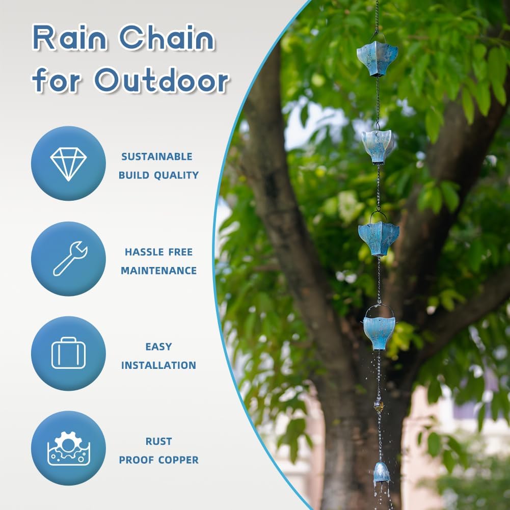 Rain Chains for Outside, 9.41FT with 8 Hollow Hummingbird Pattern Cups Rain Catcher Chains, Outdoor Rain Gutter Chains for Downspout, Eaves Drainage