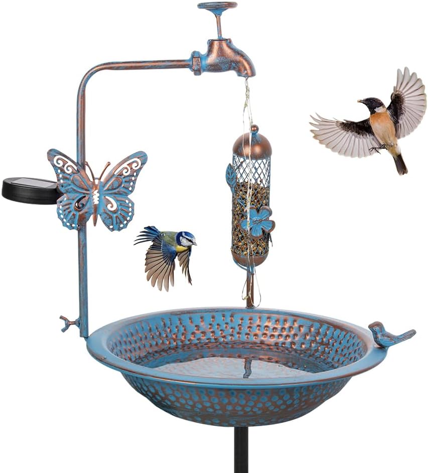 Bird Bath for Outside, 3" Deep Bird Bath and Feeder Combo, Tall Metal Standing Bird Baths, Antique Blue Faucet Solar String Light Birdbaths for Outdoors Garden Yard Lawn Decorations