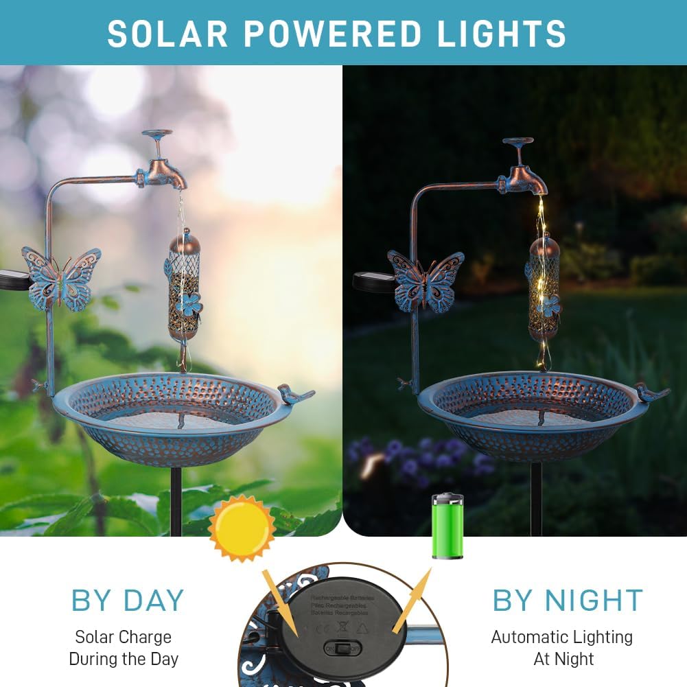 Bird Bath for Outside, 3" Deep Bird Bath and Feeder Combo, Tall Metal Standing Bird Baths, Antique Blue Faucet Solar String Light Birdbaths for Outdoors Garden Yard Lawn Decorations