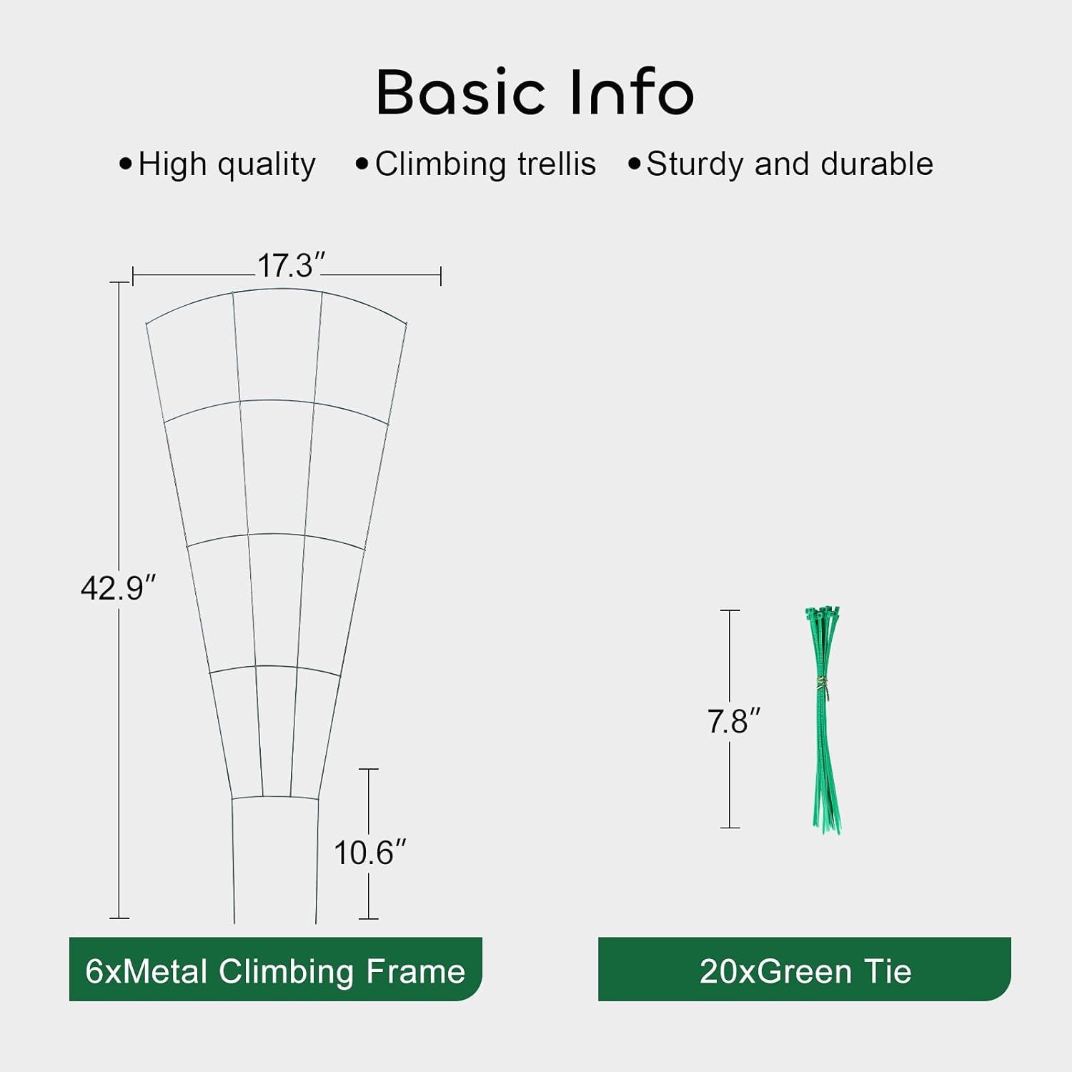 6 Pcs 43" Garden Trellis for Potted Plants, Metal Trellis for Climbing Plants Outdoor & Indoor, Fan Shape Plant Support with 20 Pcs Cable Ties for Houseplant Flower Vines Ivy, Green
