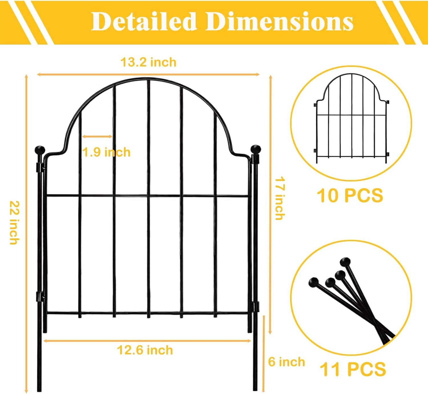 22 in(H) x 130 in(L) Arched Rustproof Metal No Dig Fence Garden Fence Border, Ground Stake Animal Barrier Fence