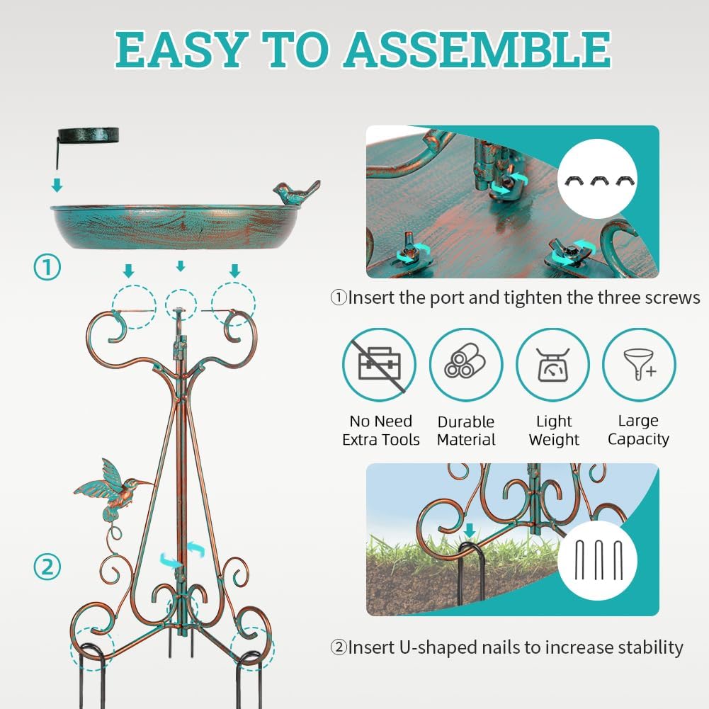 Bird Bath 12" Dia Bowl, Metal Birdbath with Feeder, Pedestal Bird Baths for Outside Outdoors Garden Patio Yard (Bronze)