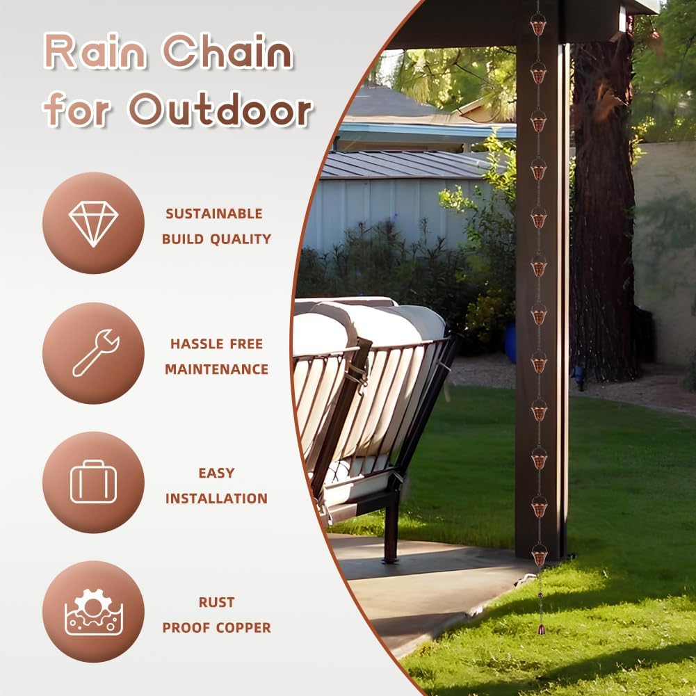 Copper Rain Chains for Outside, 10.43FT with 12 Cups Rain Catcher Chains for Downspout Gutters, Eaves Drainage