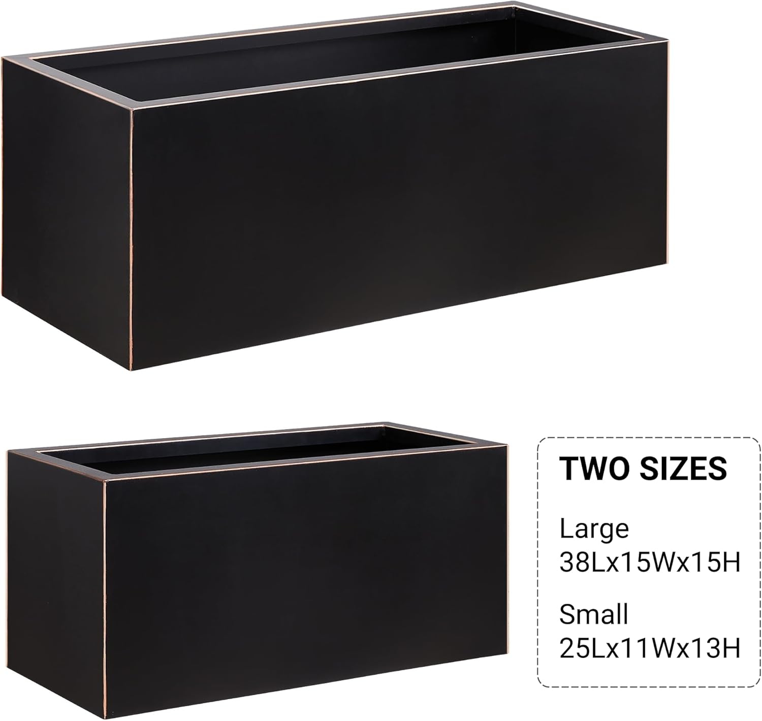 Metallic Heavy Long and Large Outdoor/Indoor Planter, Rectangular Trough Planter Box, 38”Lx15”Wx15”H, 40Pounds, Black with Hand Brushed Gold Edge, No Assemble and Seamless