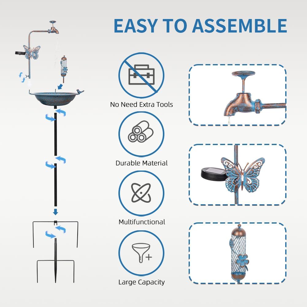 Bird Bath for Outside, 3" Deep Bird Bath and Feeder Combo, Tall Metal Standing Bird Baths, Antique Blue Faucet Solar String Light Birdbaths for Outdoors Garden Yard Lawn Decorations