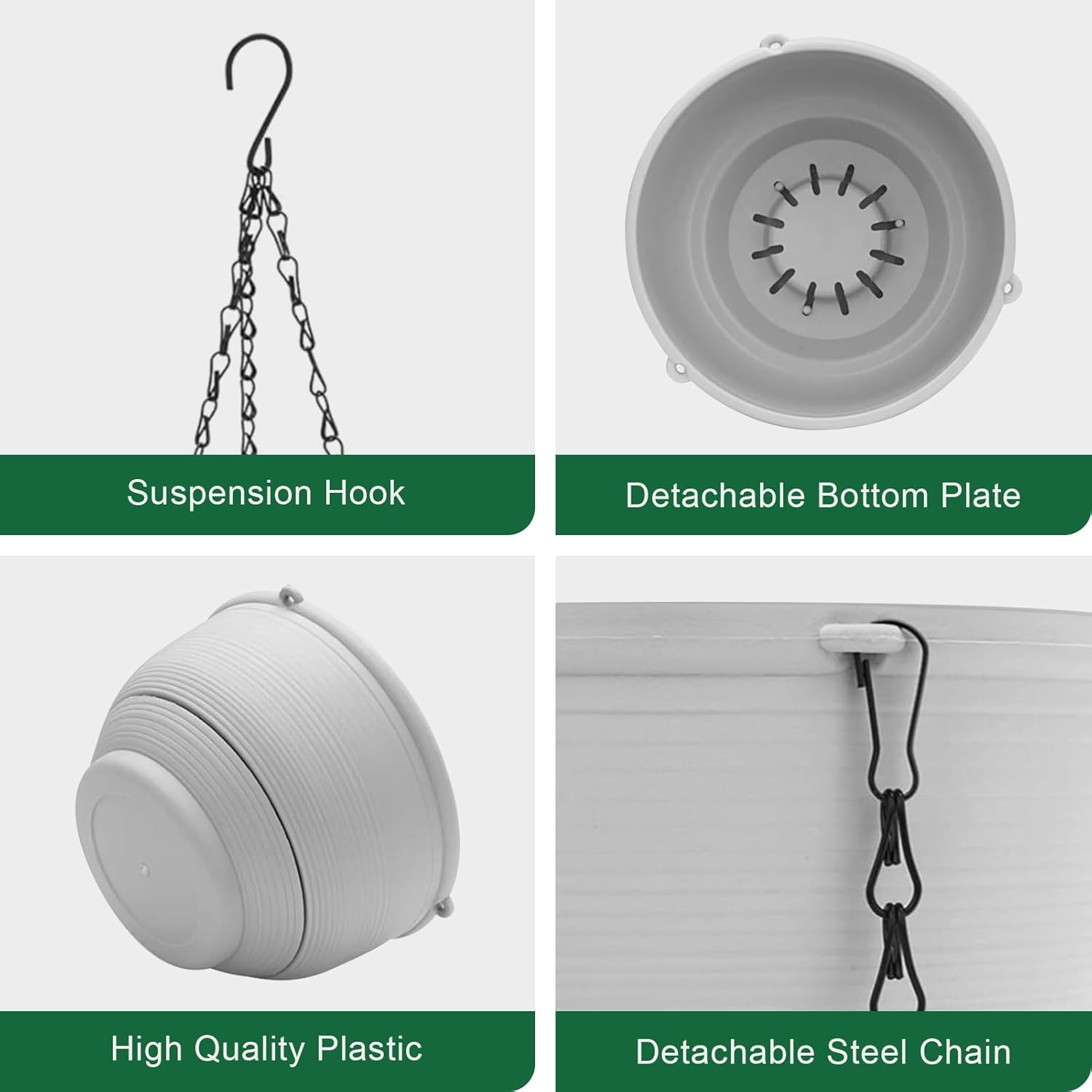 Plastic Hanging Planter 2 Packs 8 Inch Self Watering Pots Plants Hanger Baskets with 6 Pcs Hooks, Hanging Flower Pot with Detachable Base for Garden Indoor Outdoor (Grey)