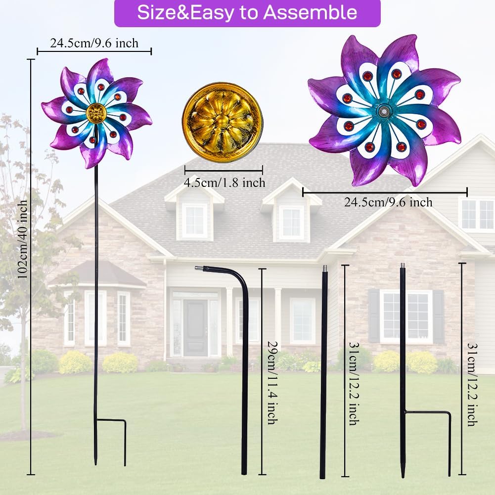 Wind Spinners Outdoor, 9.6" Dia*40" H Metal Garden Pinwheels, Kinetic Wind Spinners for Yard and Garden Lawn Art Decor (Purple)