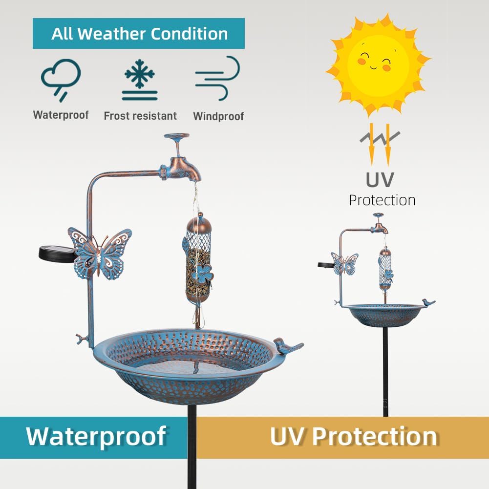 Bird Bath for Outside, 3" Deep Bird Bath and Feeder Combo, Tall Metal Standing Bird Baths, Antique Blue Faucet Solar String Light Birdbaths for Outdoors Garden Yard Lawn Decorations