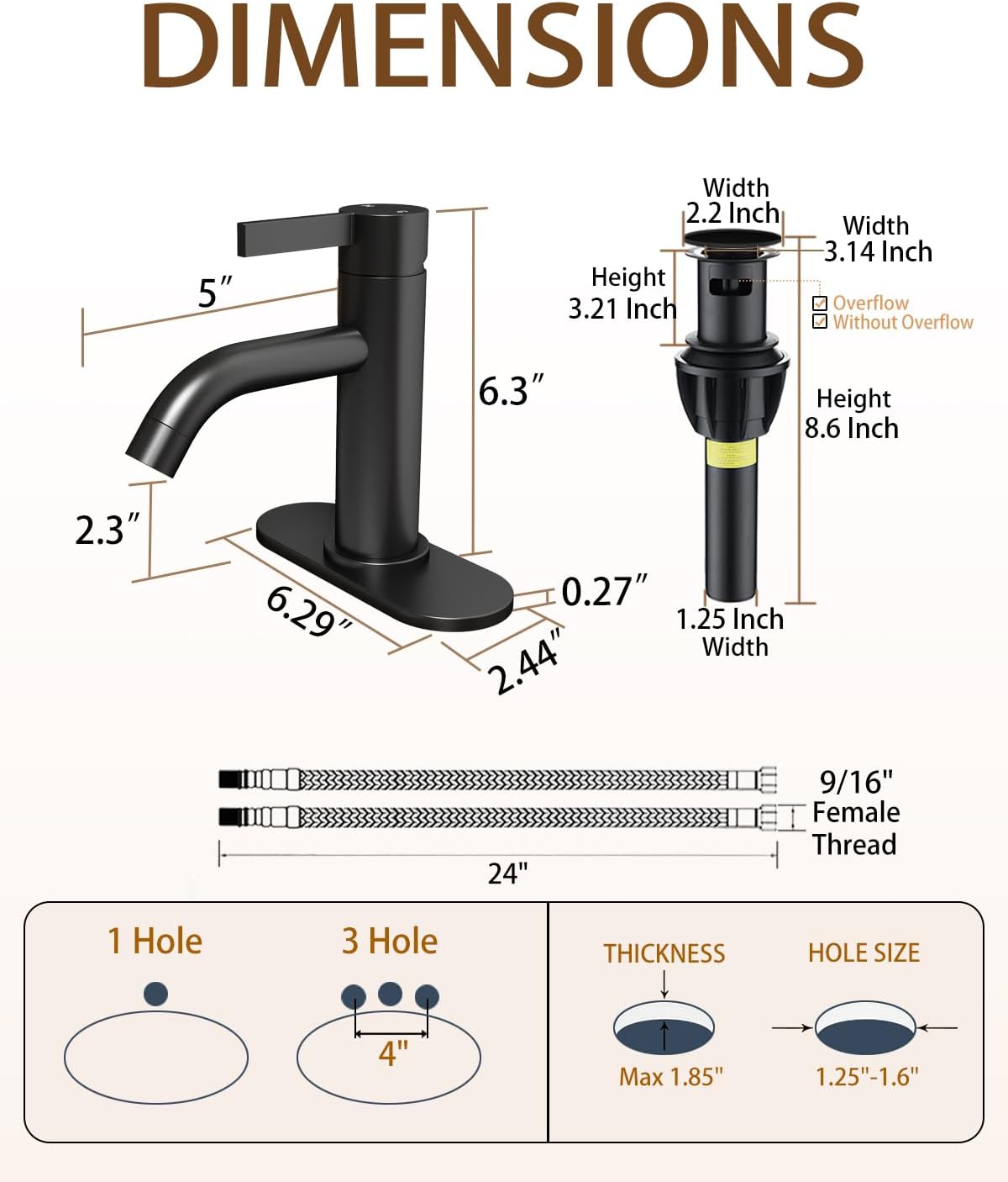 Black Bathroom Faucet Single Hole with Pop-Up Bathroom Drain