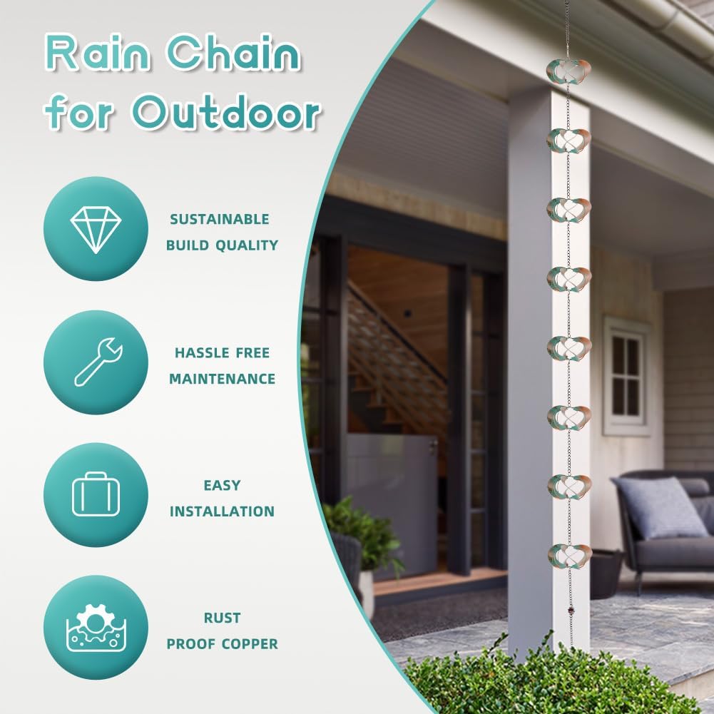 Rain Chains for Outside, 6.56 FT Length with 8 Spinners, Decorative Rain Chains for Gutters, Replacement for Downspout