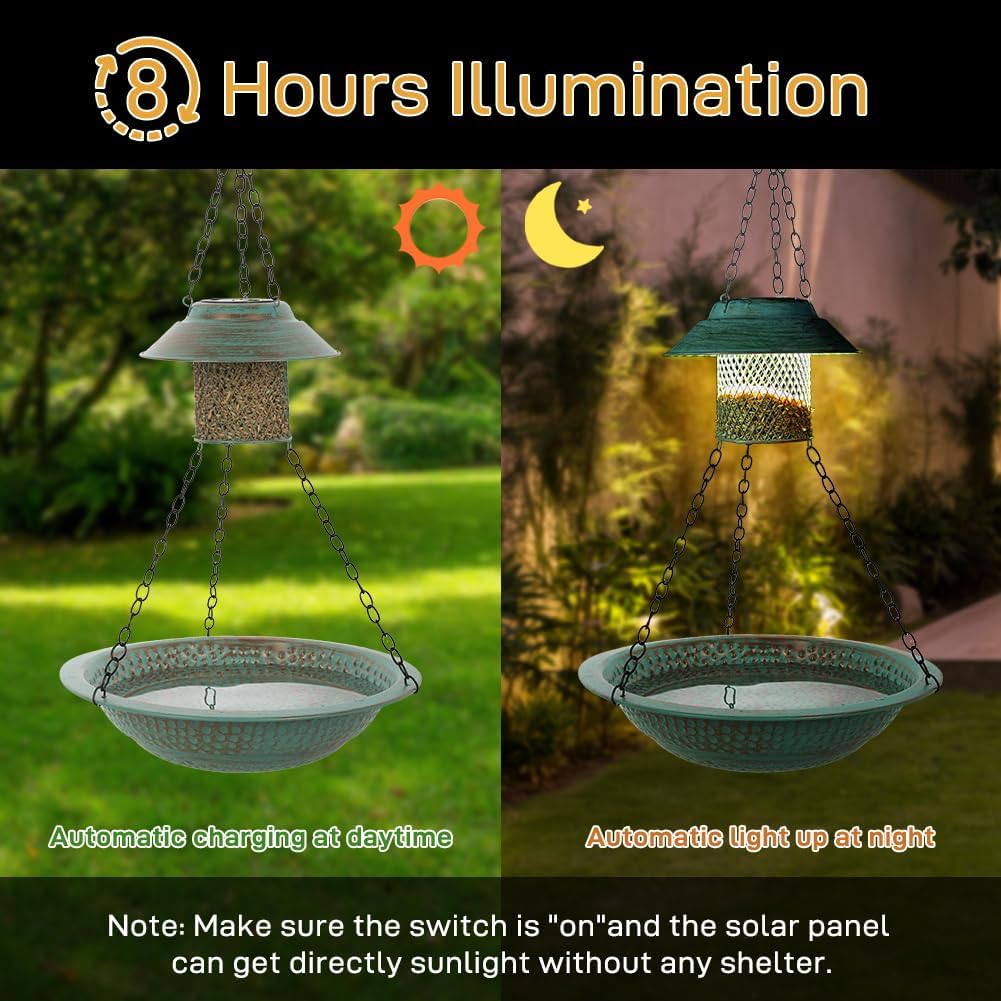 Hanging Bird Bath with Solar Lights, 13" Metal Bird Baths Outdoor, Garden Birdbath and Feeder for Outside Yard Patio Decor (Green)