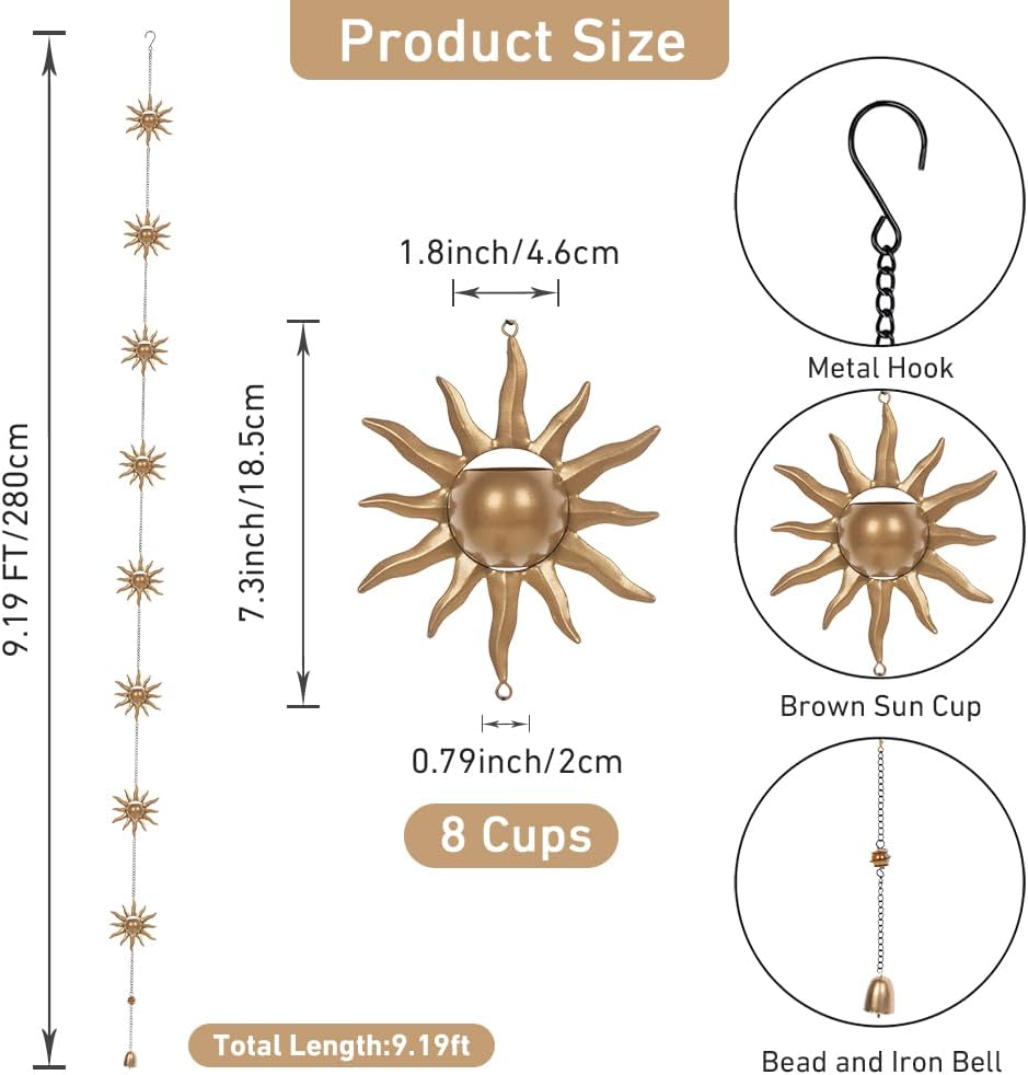 Sun Shape Rain Chain, 9.19 FT Rain Catcher Chain with 8 Cups, Rain Chains for Outside, Replacement Downspouts