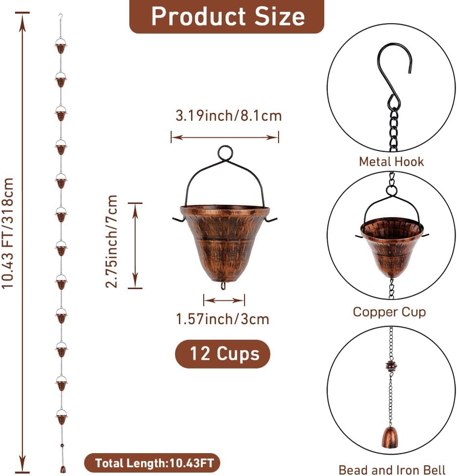 Copper Rain Chains for Outside, 10.43FT with 12 Cups Rain Catcher Chains for Downspout Gutters, Eaves Drainage