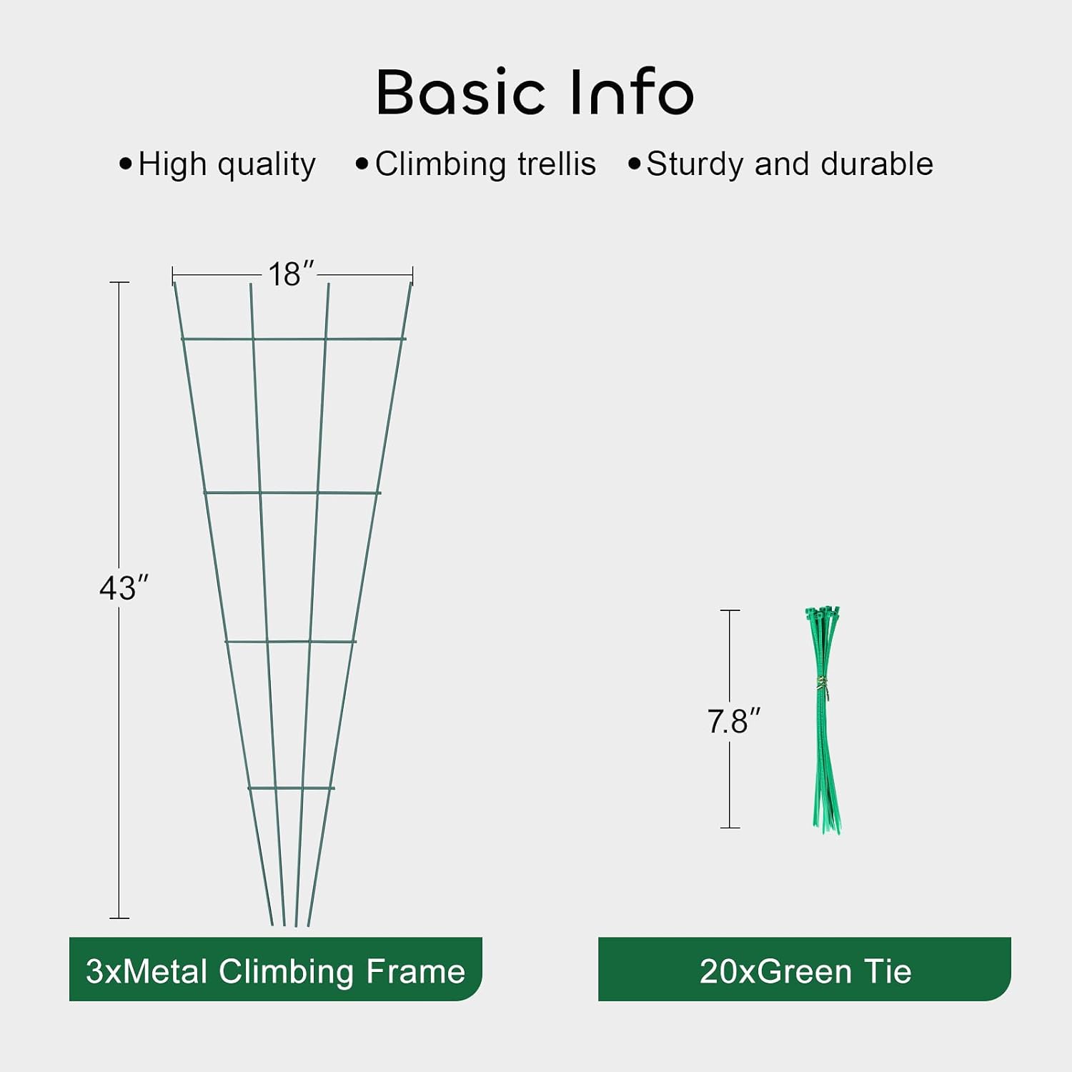 3 Pcs 43" Garden Trellis for Potted Plants, Metal Trellis for Climbing Plants Outdoor Indoor, Vertical Shape Plant Support with 20 Pcs Cable Ties for Houseplant Flower Vines Ivy
