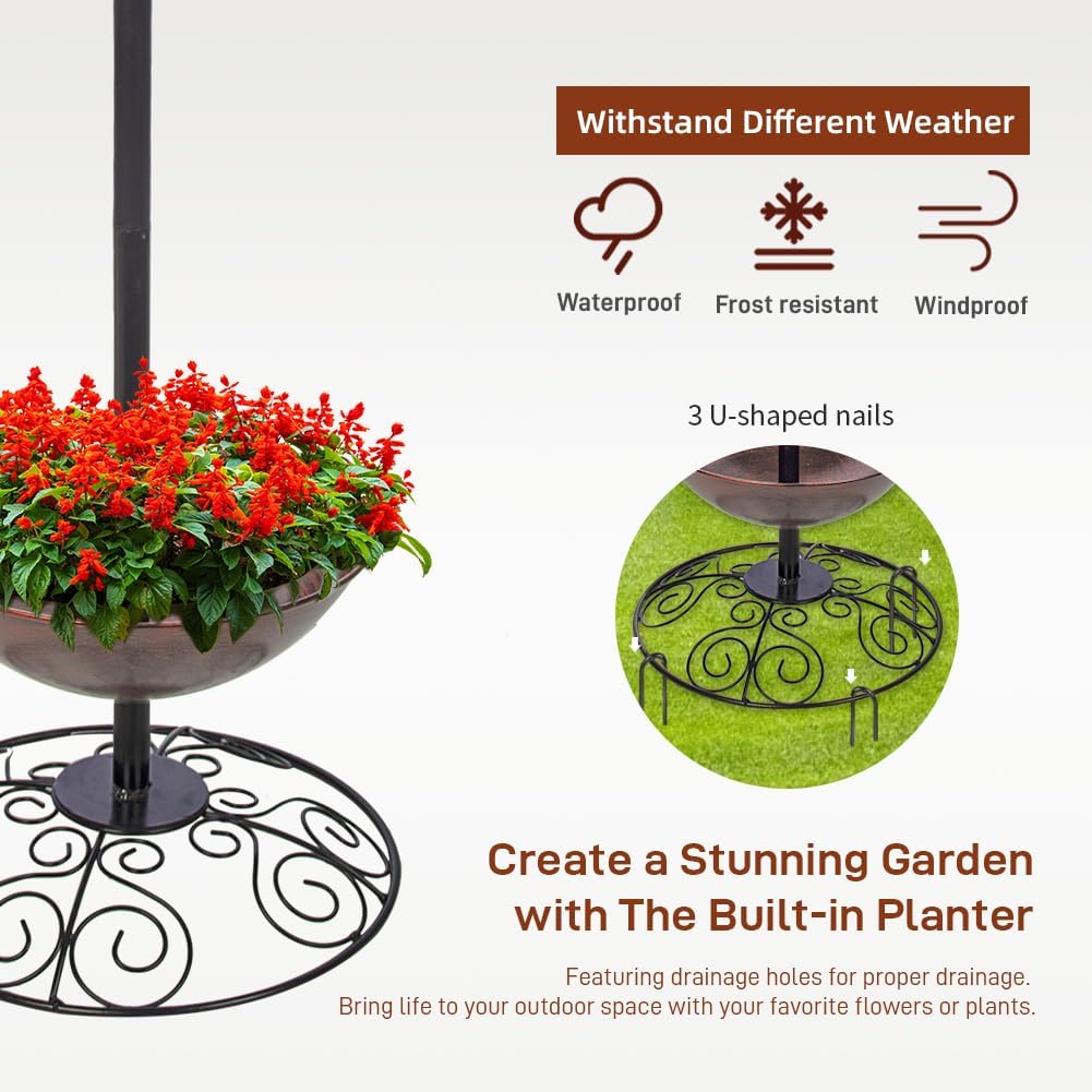 Metal Bird Baths Outside with Planter Base, Outdoor Tall Birdbath and Feeder for Garden Yard Lawn