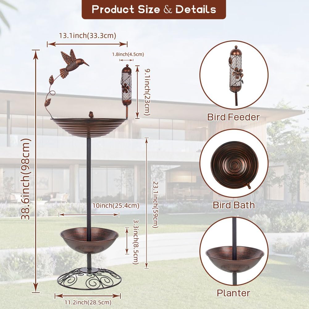 Metal Bird Baths Outside with Planter Base, Outdoor Tall Birdbath and Feeder for Garden Yard Lawn