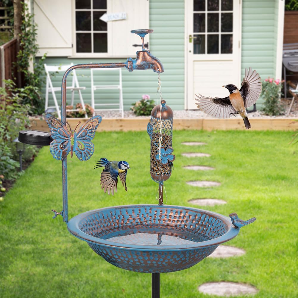 Bird Bath for Outside, 3" Deep Bird Bath and Feeder Combo, Tall Metal Standing Bird Baths, Antique Blue Faucet Solar String Light Birdbaths for Outdoors Garden Yard Lawn Decorations