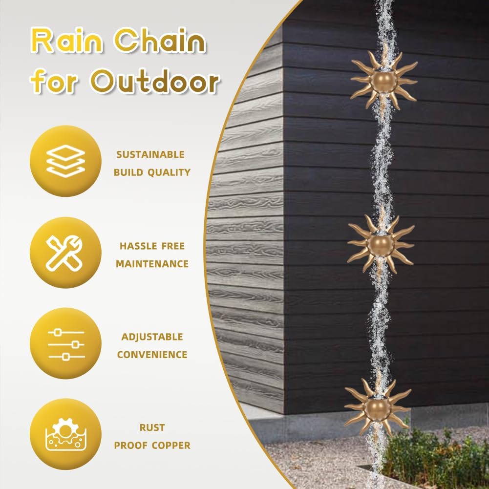 Sun Shape Rain Chain, 9.19 FT Rain Catcher Chain with 8 Cups, Rain Chains for Outside, Replacement Downspouts