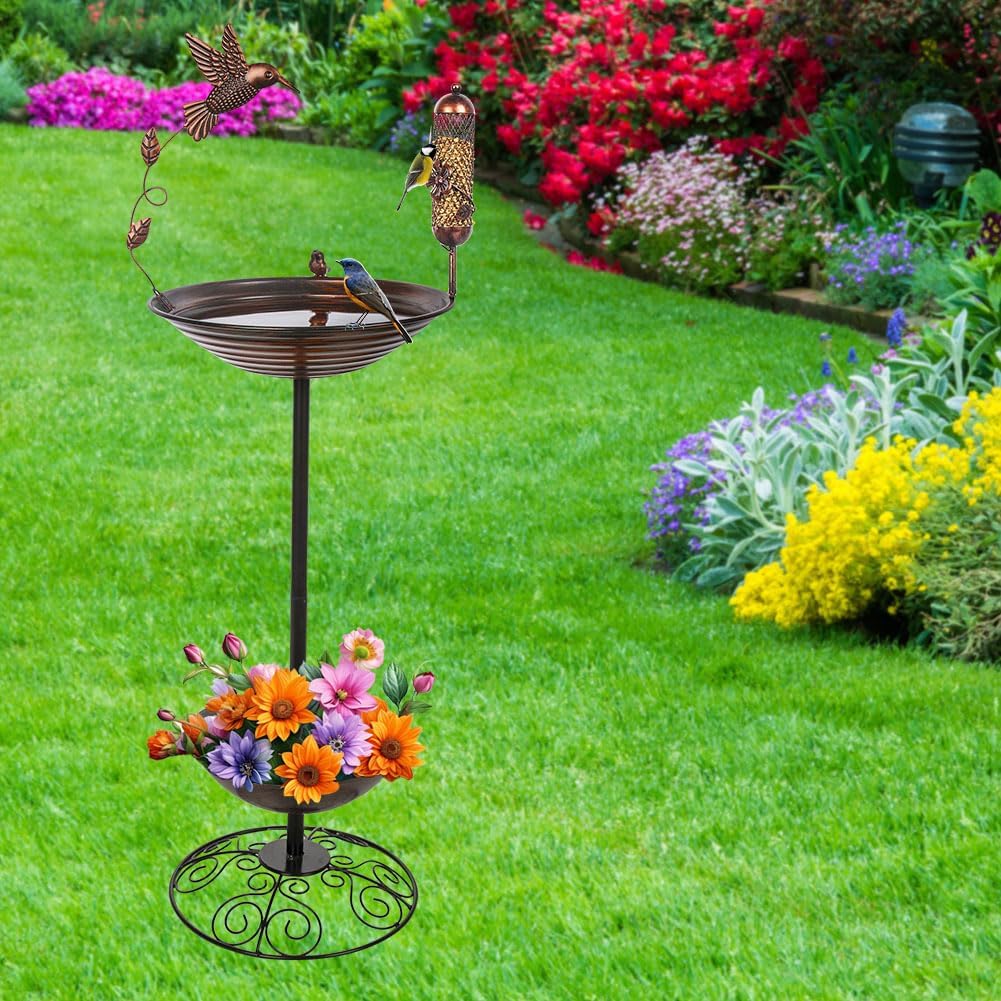 Metal Bird Baths Outside with Planter Base, Outdoor Tall Birdbath and Feeder for Garden Yard Lawn