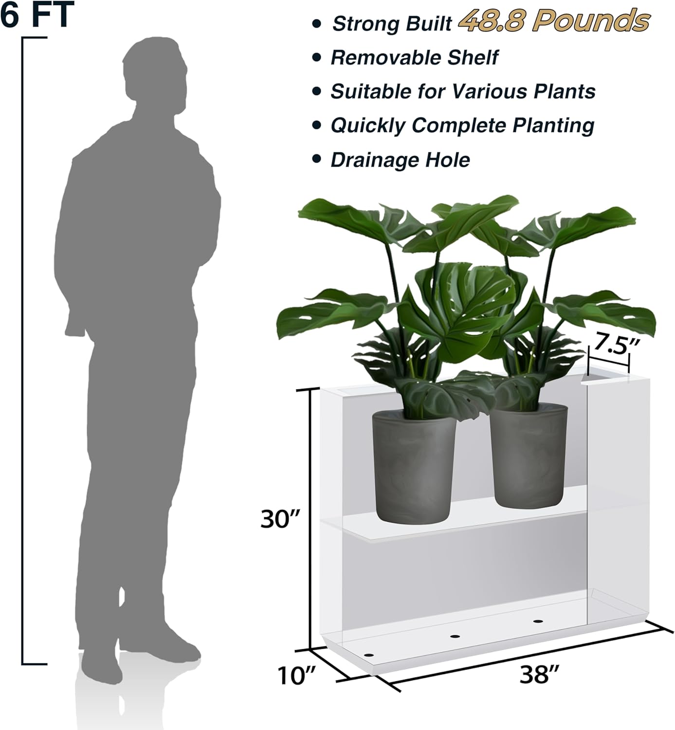 Metallic Heavy Outdoor Planter Box, Span Planter, Long and Tall Divider Planter, 38Lx10Wx30H